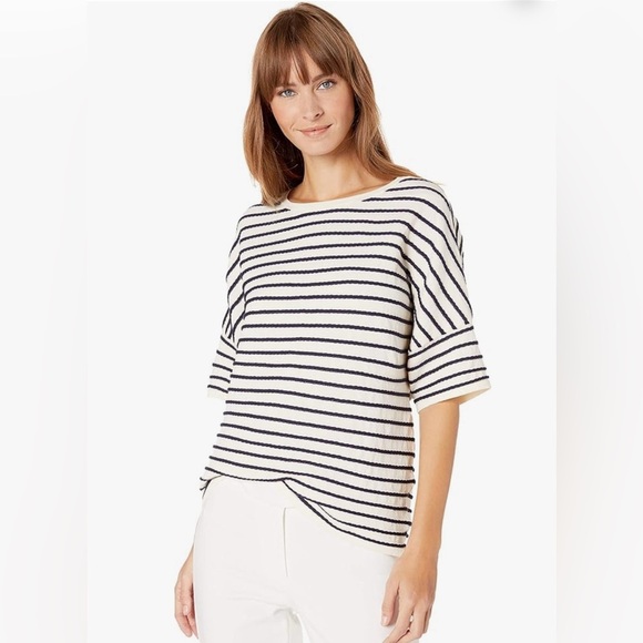 Anne Klein Women's Short Sleeve Striped Sweater Top: NWT LX:Cream and Navy Blue - Picture 1 of 10